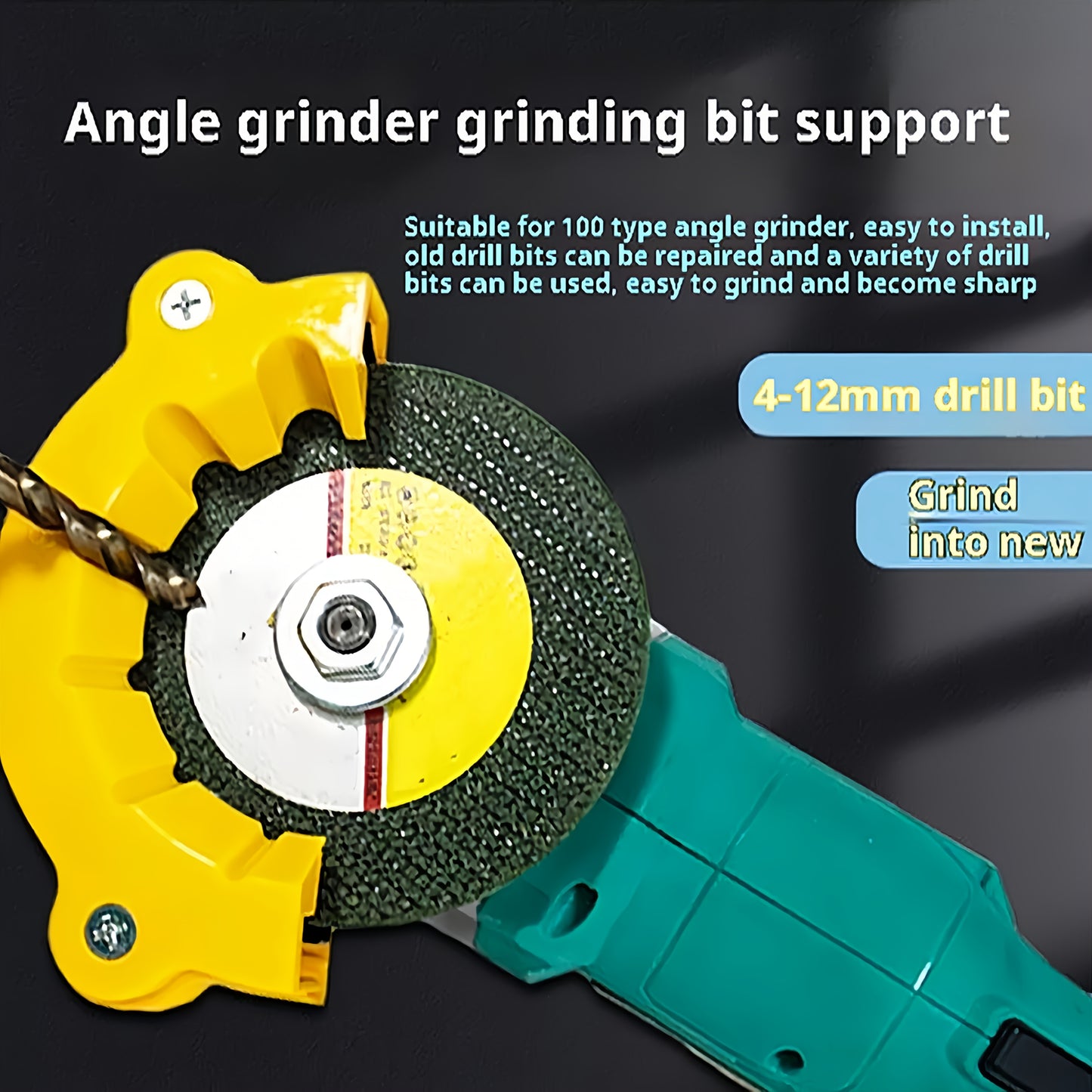 Universal drill bit sharpener compatible with all drill bits and angle grinder accessories.