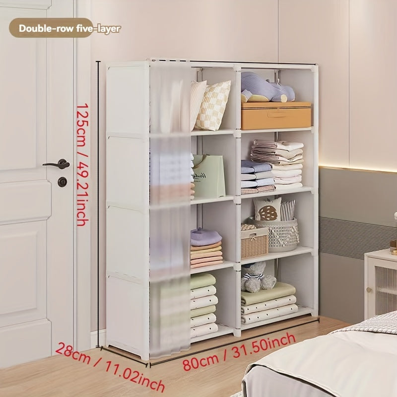 Simple to put together, this multi-layer storage organizer is made of metal and has dustproof shelving. It is perfect for use in bedrooms, classrooms, rentals, and dorm rooms. The freestanding closet system has over 3.2 cubic feet of enclosed storage