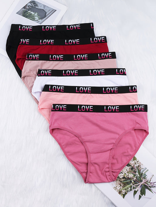 6 High Waist Briefs for Women in assorted colors with letter tape detail. Made of soft, breathable knit fabric with 95% spandex. Hand wash only. Comfortable and cute panties for casual wear.