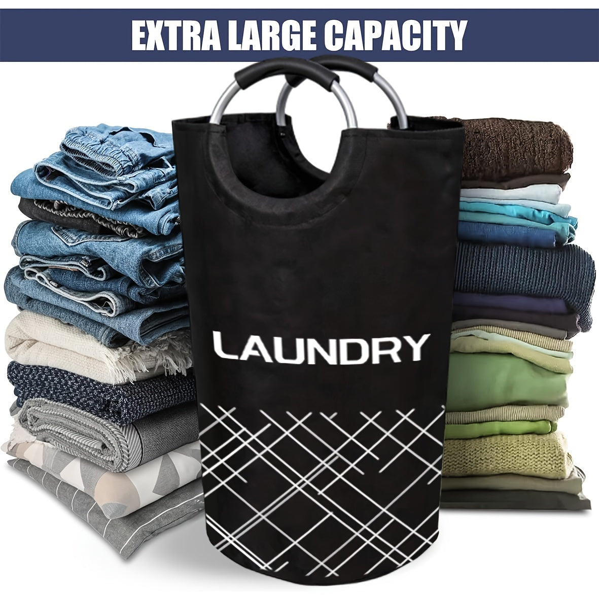 Large Capacity Laundry Basket with Waterproof Fabric and Foam-Protected Aluminum Handles, perfect for Dorm, Family, and Travel. Collapsible, Folding, and Tall Clothes Organizer in Casual Style Round Shape. Laundry Basket is 1 pc and has a capacity of