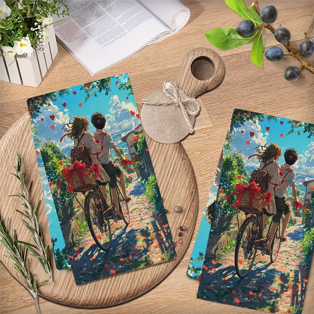 This set includes 2 ultra-soft kitchen towels showcasing an anime couple riding a tandem bicycle decorated with red ribbons and heart-shaped bells on a scenic country road. These highly absorbent dish towels are ideal for holiday decor, can be easily