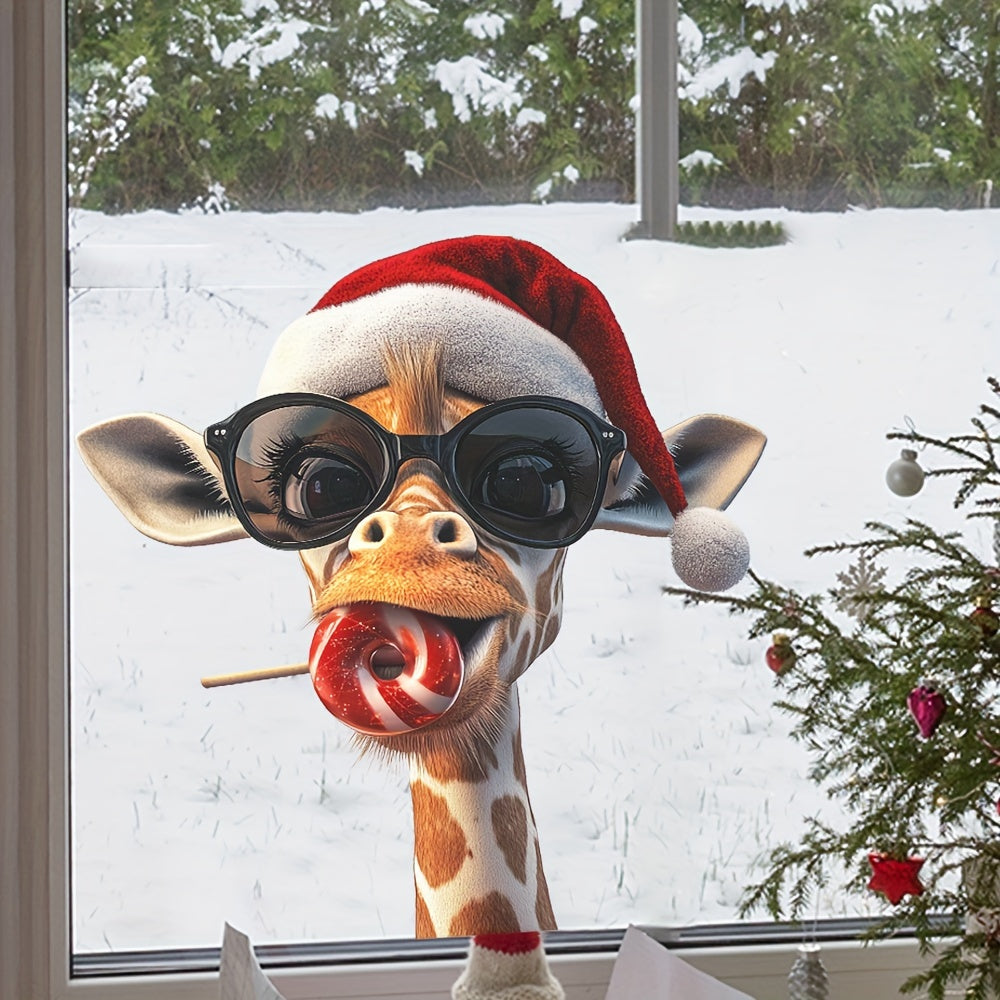 Giraffe wearing a hat and sunglasses Christmas window stickers, candy and deco art decals for Christmas party decorations in the home.