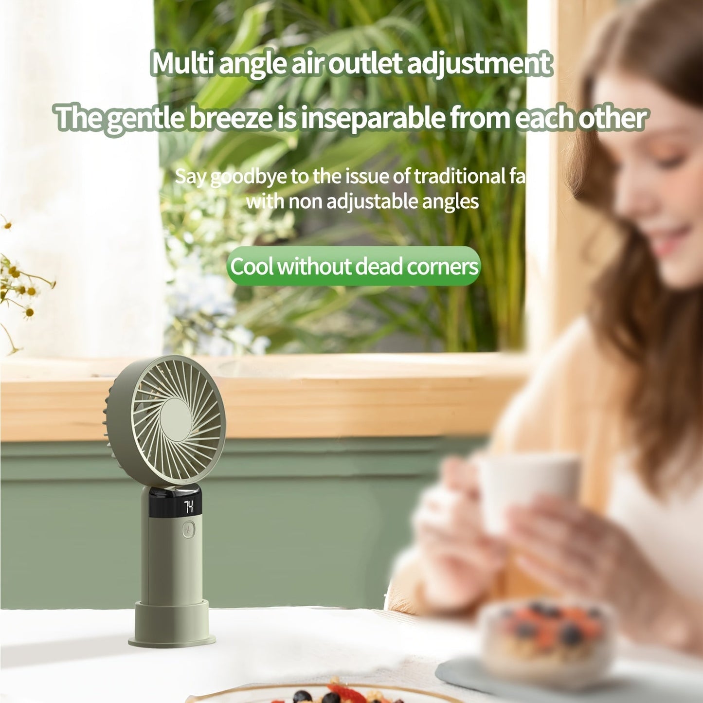 Portable handheld/desktop mini fan with adjustable angle, featuring 3 speeds, a digital display, long-lasting battery, dual-use standing and handheld design, USB charging, low-noise operation, and compact size ideal for office desk, bedside, or outdoor