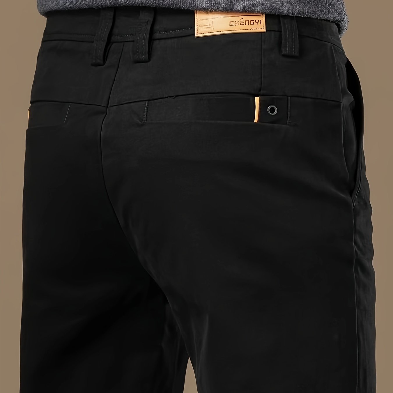 Men's business casual cotton blend pants with a regular fit, straight leg, solid color, no belt, ideal for spring/autumn. Features pocket detail, button closure, mid-waist, and woven fabric.