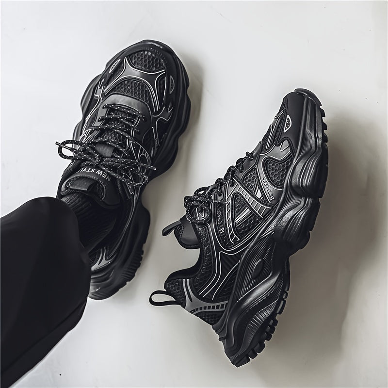 Men's Black Chunky Sneakers with Breathable Mesh, Durable TPU Sole, Shock-Absorbing EVA Insole for Casual and Athletic Wear.