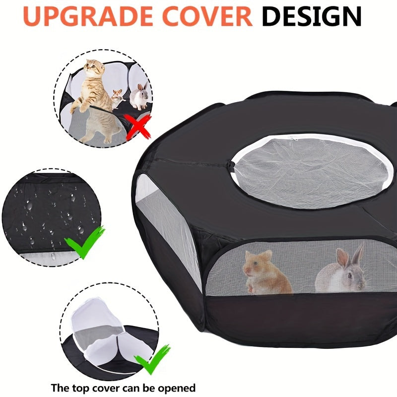 Portable foldable pet playpen made with durable PE material and cover, suitable for small animals.