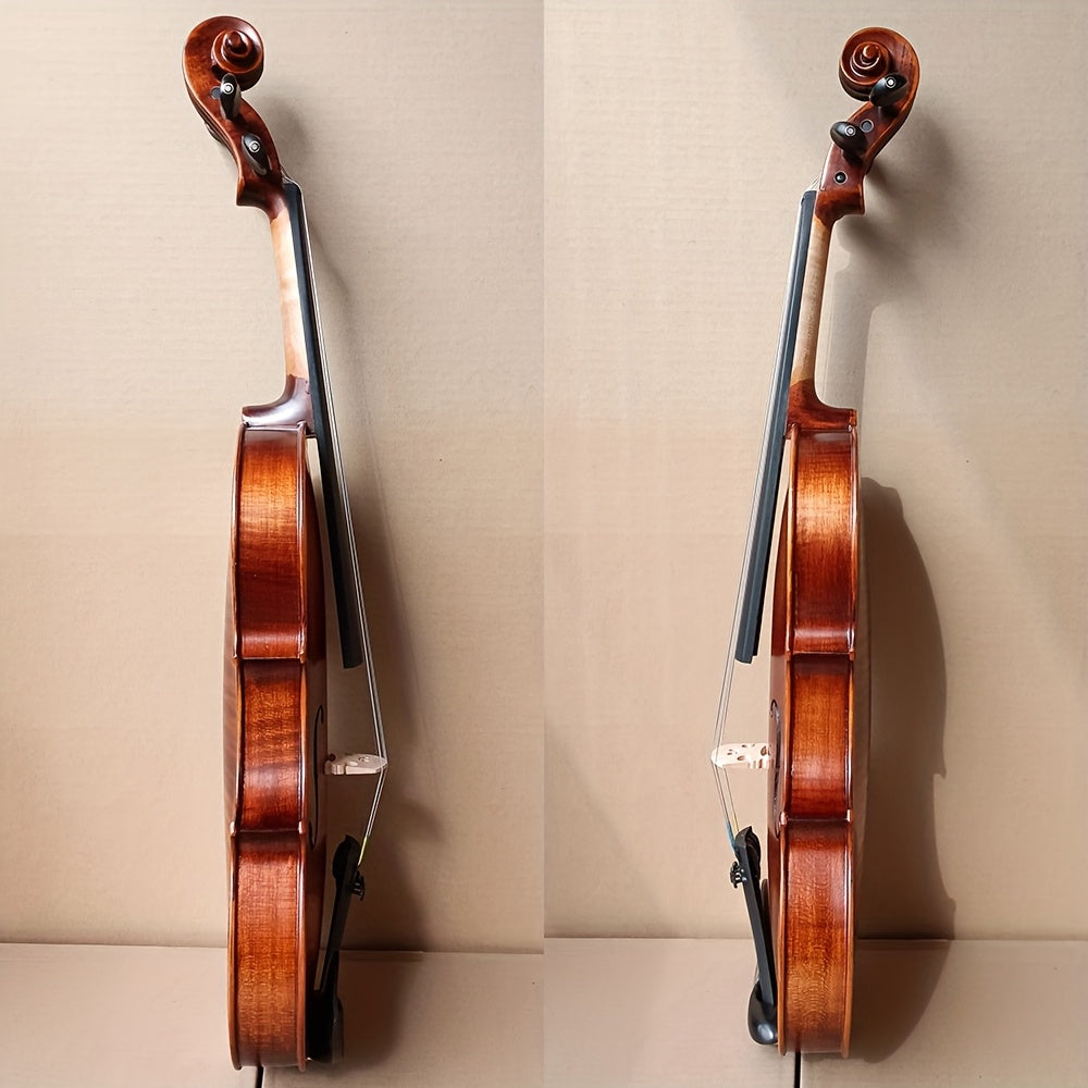 Complete violin ensemble with classic design and fine craftsmanship, includes L&K K-10 Tiger Stripe Maple Wood Violin Set, 4/4 Full Size 1716 Replica, Olive Brown with Spruce Top, Ebony