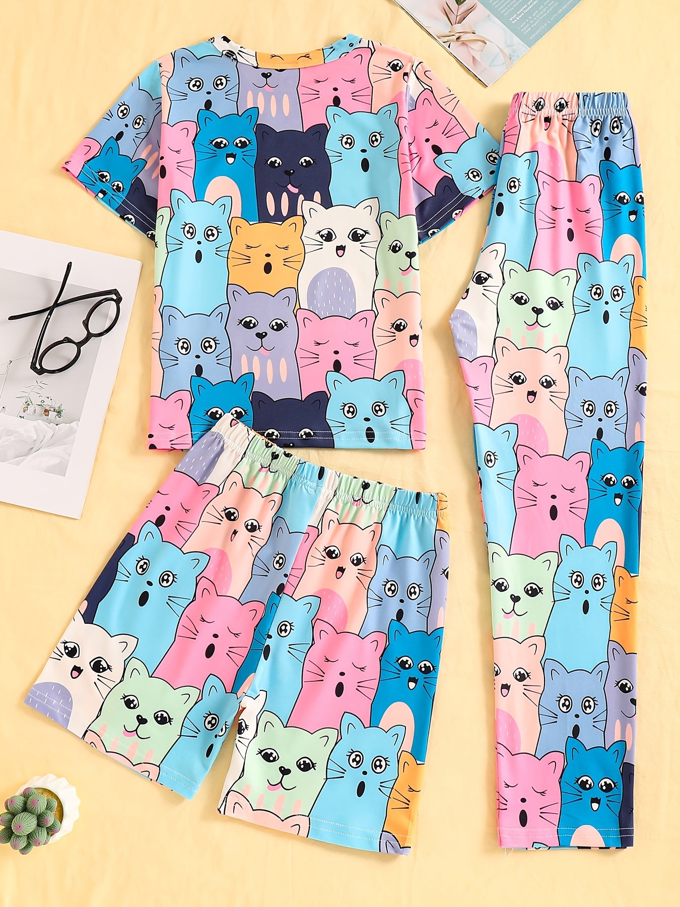 3-piece pajama set for girls with cat print loungewear