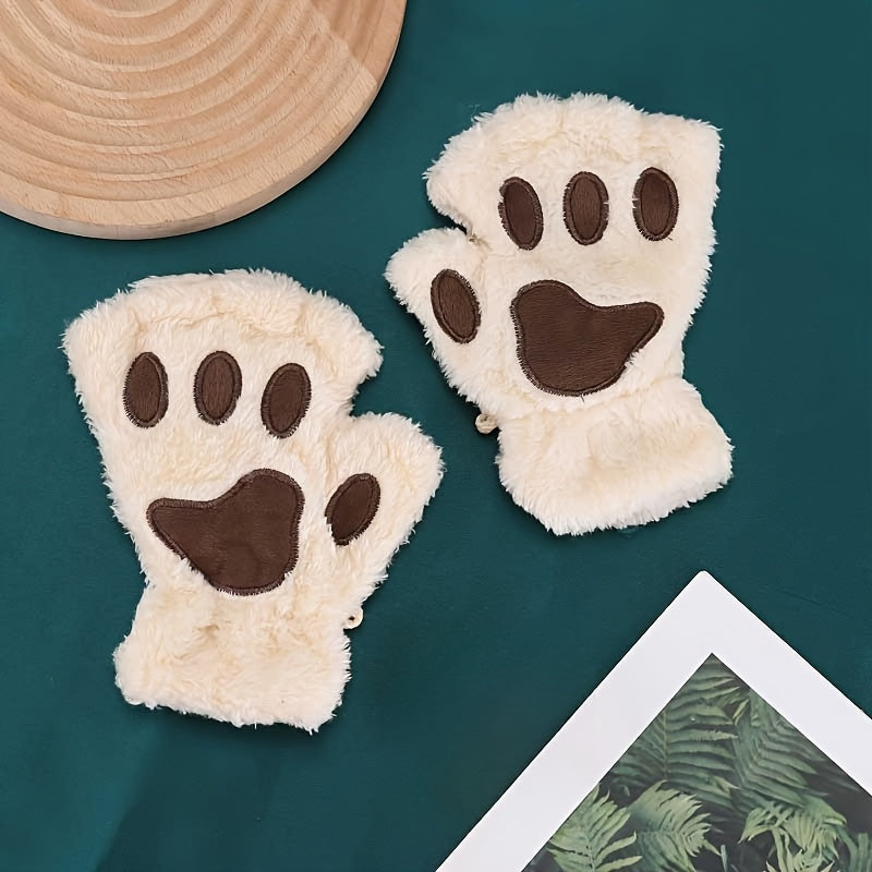 Stylish and Comfortable Cartoon Cat Paw Gloves, Featuring Thick Plush Half-Finger Design for Warmth & Fashion, Ideal for Parties.