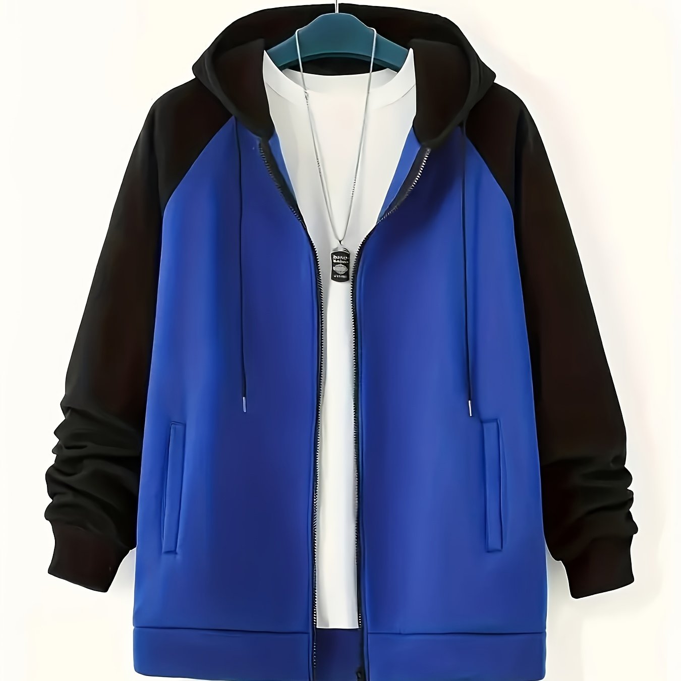 New men's jacket for plus size men with contrast color zipper, plus velvet sweatshirt with hood.