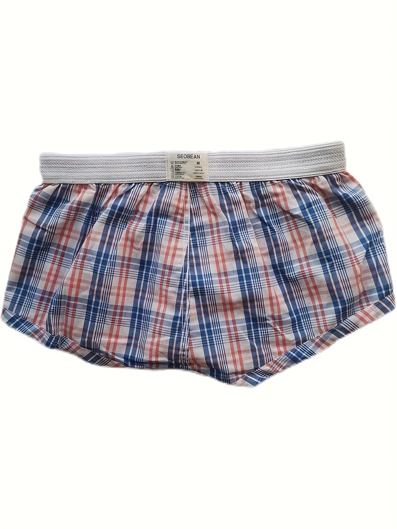 Men's flat corner underpants with front button opening, made of thin pure cotton, low waist sexy plaid shorts.