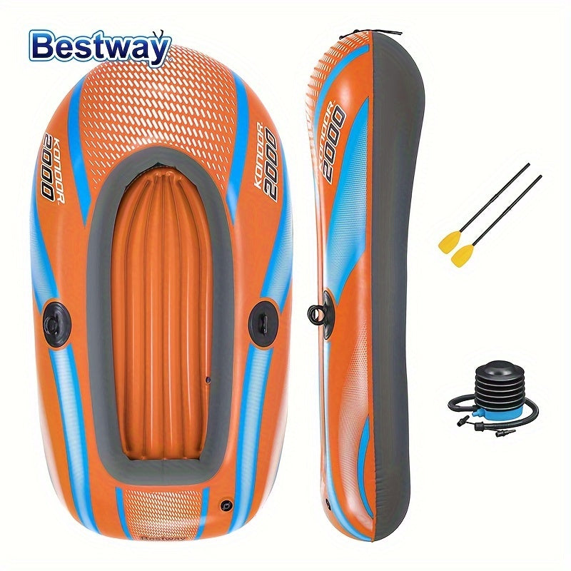 Durable inflatable kayak for 1-3 people with fast inflation system for thrilling water adventures.