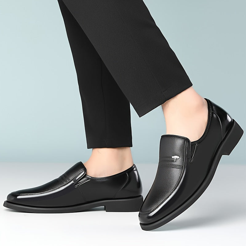 Men's Genuine Leather Loafers in sleek black for business or casual wear. Round toe, rubber sole, smooth leather upper. Perfect for office or outdoor events. Stylish slip-on with durable