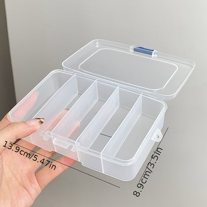 Small five-compartment storage box with buckle closure for beauty tools, hair accessories, and office desk organization. Can be used for cosmetics, hairpins, and headwear.