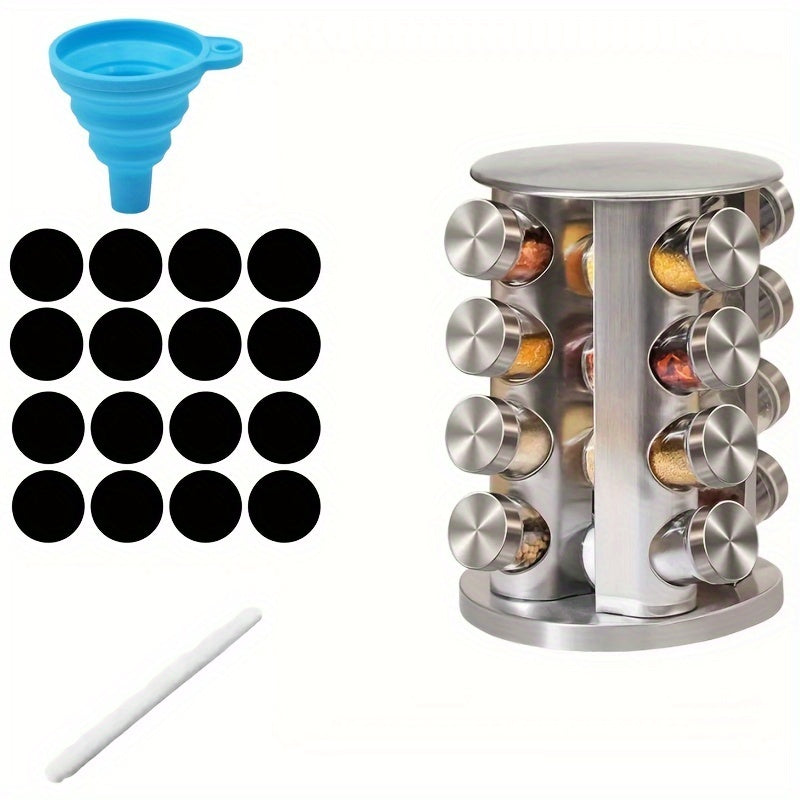 Spice up your kitchen organization with our 360° Rotating Stainless Steel Spice Rack! This convenient rack can hold 12, 16, or 20 jars and comes with reusable labels and a funnel for easy filling. Perfect for keeping your spices neatly organized and