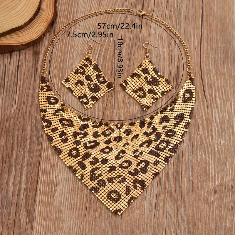 Set of stylish retro triangle scarf, shimmering silky scarf with sequins, elaborate false collar, bold leopard print statement collarbone necklace and earrings for women with a distinctive personality.