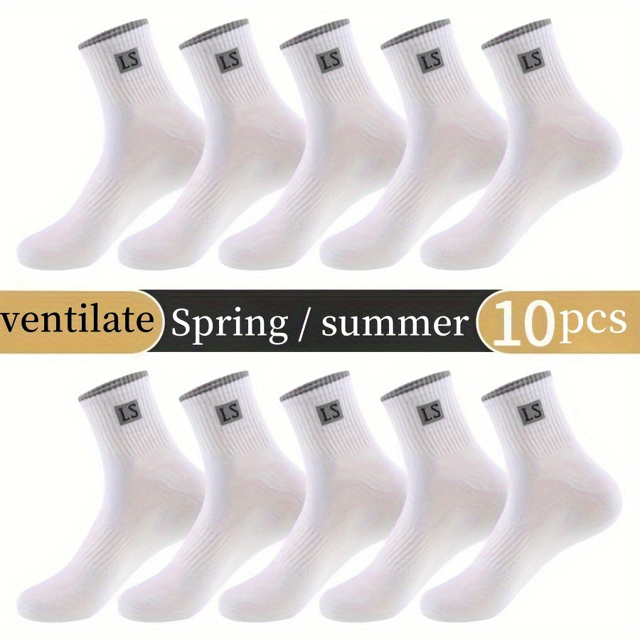 5 pairs of men's trendy solid crew socks, breathable and comfy for outdoor and all-season wear.