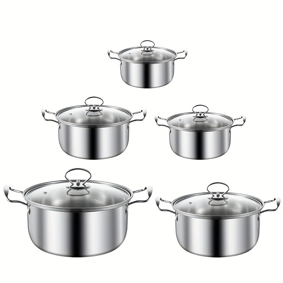 This 10-piece set includes 5 stainless steel pots and 5 pot lids with sizes ranging from 16cm to 24cm. The pots feature a stainless steel construction, double handles, and deep soup pot design, making them perfect for both home and restaurant use. They