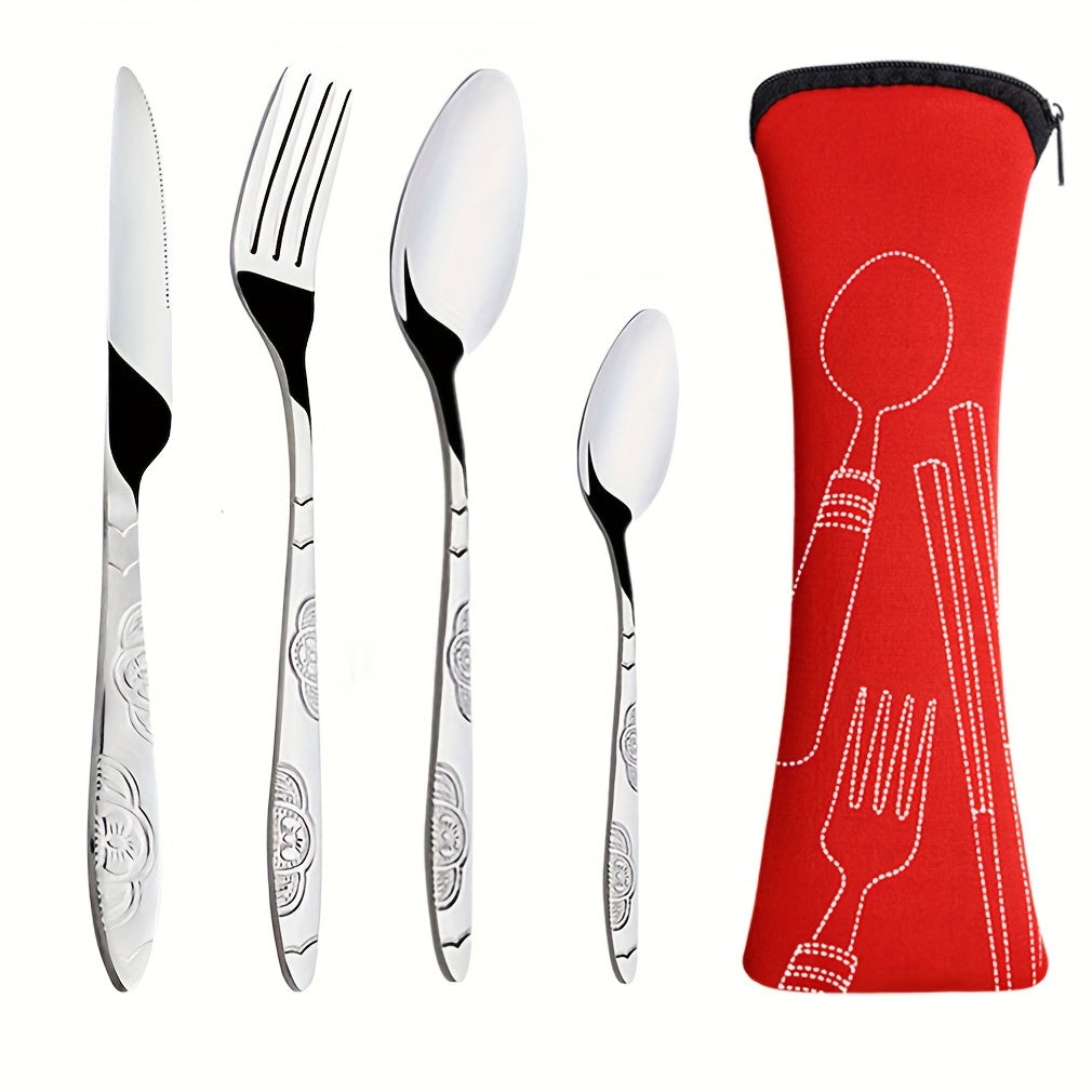 Premium stainless steel cutlery set includes knife, fork, spoon in chic case- perfect for camping and travel.