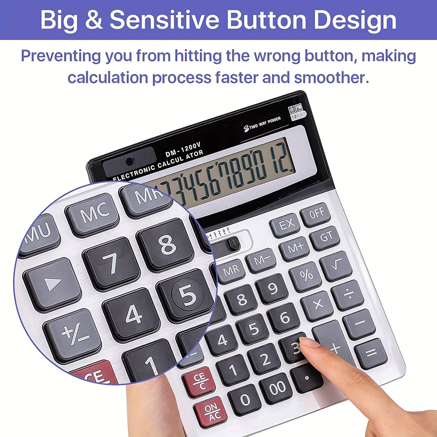 Desktop calculator with large display, big buttons, dual power, and 12-digit capacity.