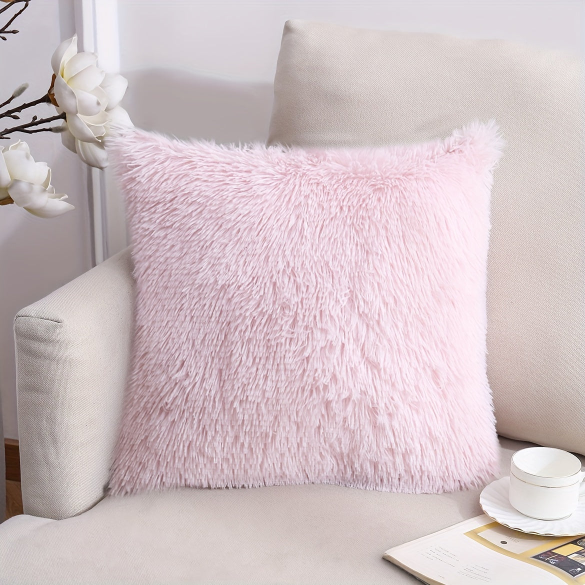 Luxurious 40.64x40.64 cm Fluffy Throw Pillow Cover with Zip Closure - Soft, Fuzzy Square Case for Sofa & Bedroom Decor, Hand Wash Only, Modern Home Decor. Pillow insert not included.