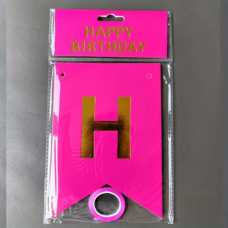 1 piece of English gilt Happy Birthday dovetail flag alphabet banner for birthday party decorated with triangle fish tail flag.