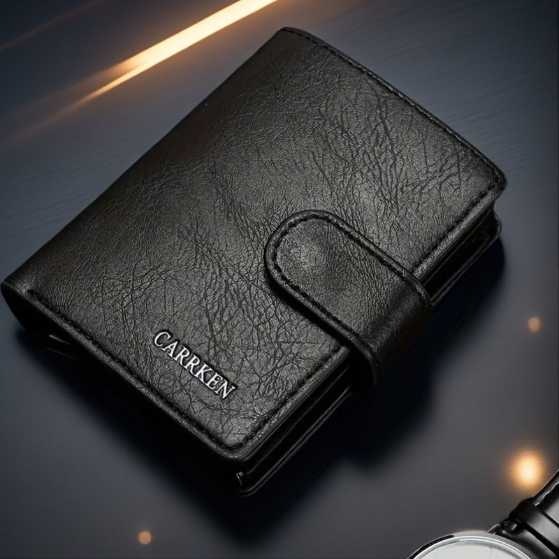 CARRKEN Men's Compact Wallet: Stylish faux leather bifold with automatic pop-up credit card holder, holds 9-10 cards, ideal gift for men.