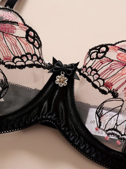 Sophisticated butterfly lingerie set with sheer mesh and embroidered details, includes underwire bra and thong in breathable fabric, hand washable.