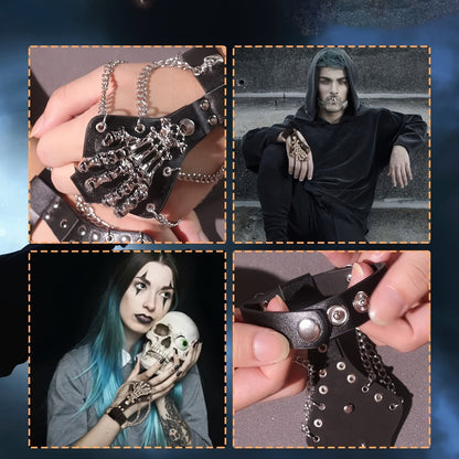 Rock your style with the Yanxyad Punk Rock Faux Leather Bracelet featuring a finger ring. This unisex bracelet showcases a cool rock skull and spider gothic design, perfect for daily wear or party occasions. An all-season accessory that adds a touch of