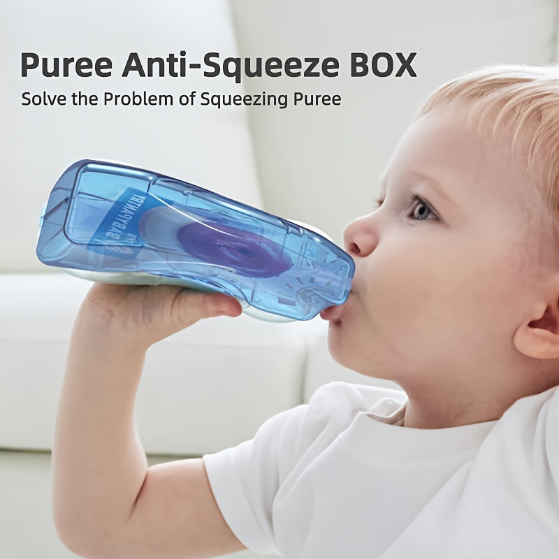 Holder for baby food pouches and juice boxes that prevents spills and can be easily flipped.