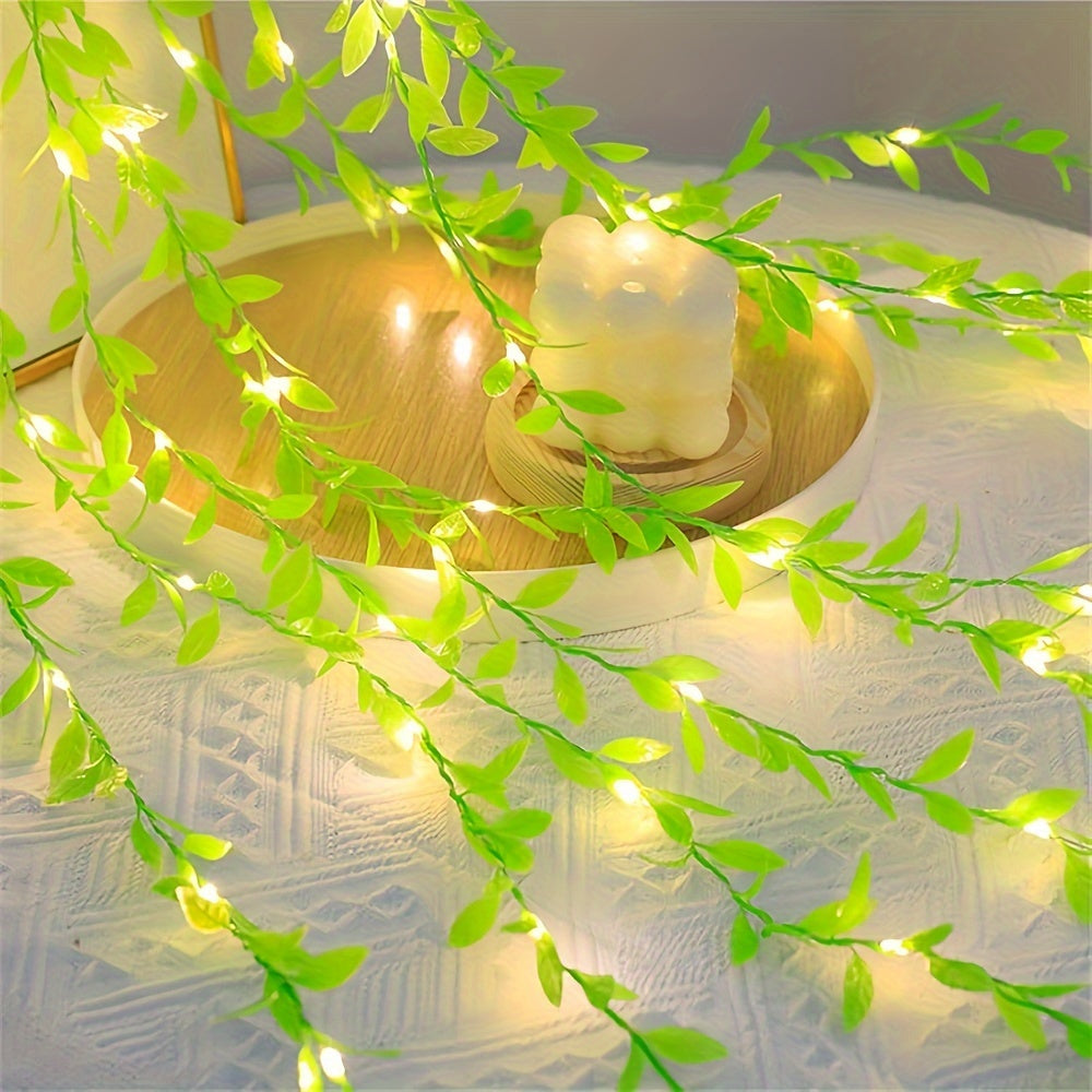 Green willow leaf LED string lights, battery operated, 2M/5M, plastic, suitable for room decor, weddings, and holidays, batteries not included.