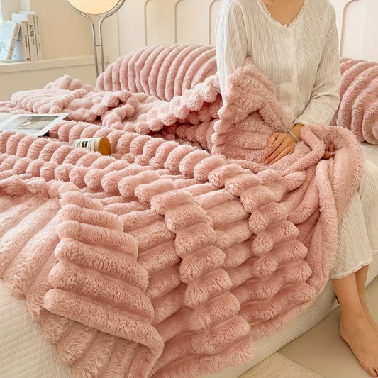 Soft and Cozy Faux Rabbit Fur Shawl Blanket for Couch, Bed, Office, and Travel - Luxurious All-Season Gift in Striped Mixed Colors - Machine Washable