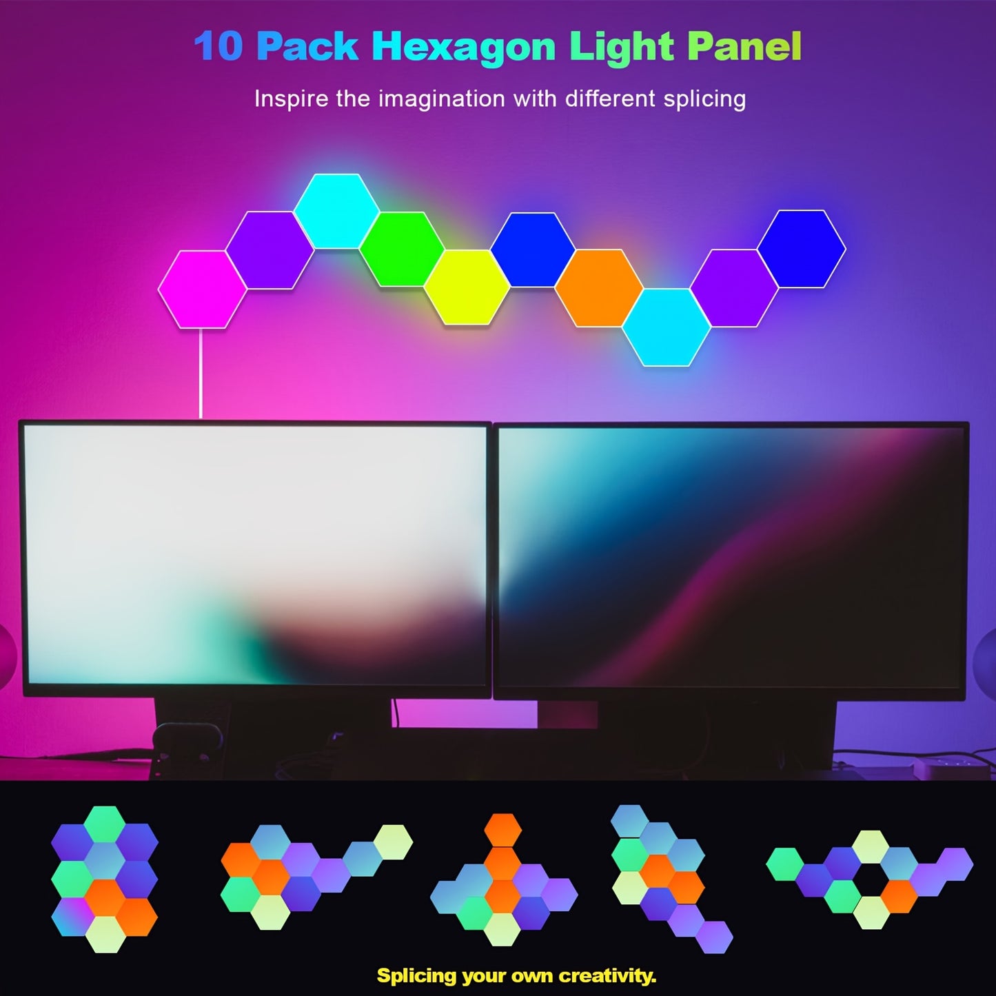 10 smart hexagon LED lights with RGBIC, app & remote control, music sync, USB powered. Ideal for gaming room, bedroom, living room decor.