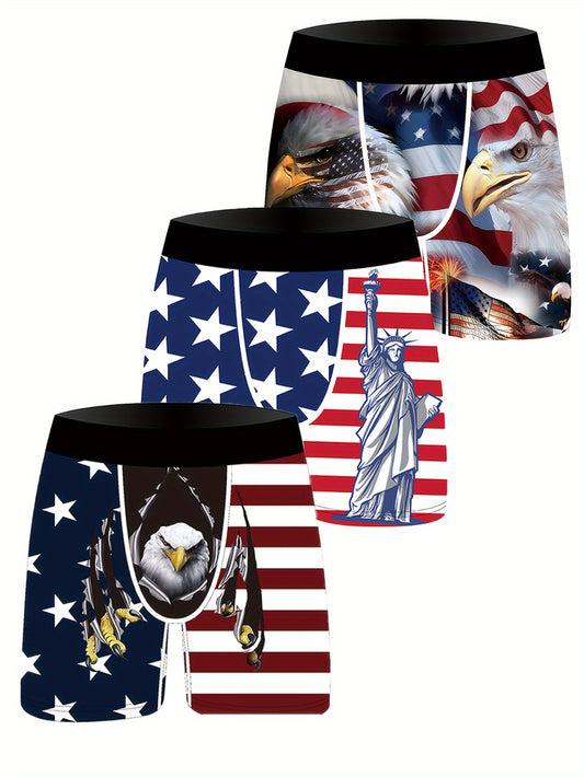 Men's 3-Pack Patriotic Cartoon Print Boxer Briefs, made of 95% Polyester and 5% Elastane blend knit fabric with slight stretch. Breathable and lightweight for all-season wear. Ideal for