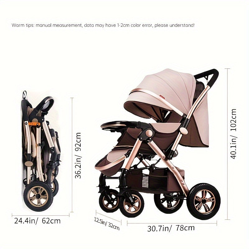 Elegant khaki and brown striped stroller for kids with high carbon steel frame, one-handed fold, storage bag, canopy, front-facing design, single seat, flat recline, perfect for everyday