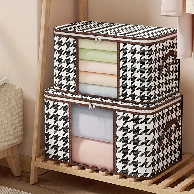 A durable canvas houndstooth storage bag with a zippered closure and handles, perfect for quilts, clothes, and linens. Lightweight and portable, this organizer is ideal for keeping your wardrobe, bedroom, or dorm neat and tidy. Its modern aesthetic adds