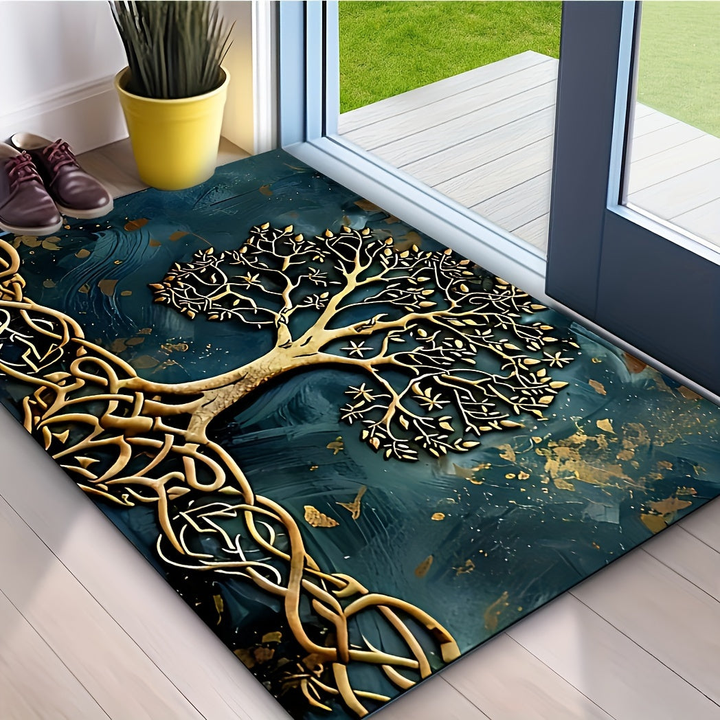 Life Tree Pattern Welcome Mat made of crystal velvet fabric with silicone backing, 1000g/m², non-slip washable rectangular entry rug for home, garden, patio, laundry, bathroom decor. Hand