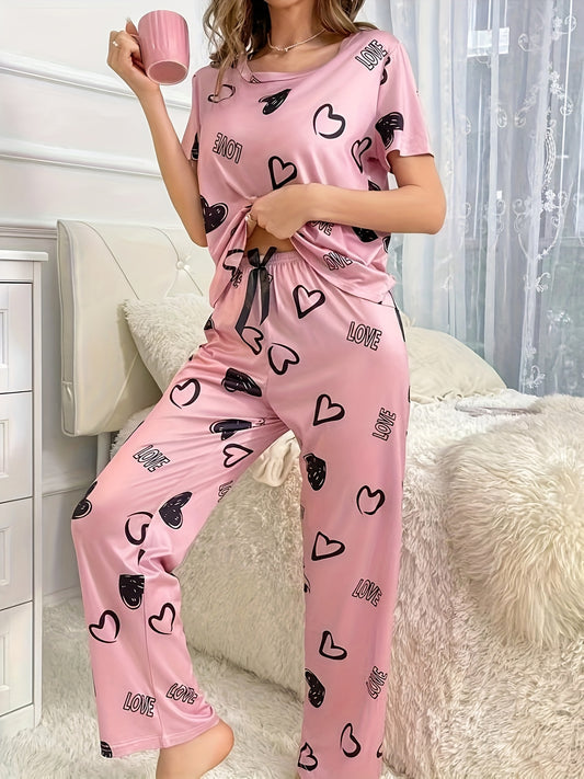 Valentine's Day Pajama Set: Heart & Letter Print, Short Sleeve Top & Elastic Pants, Women's Sleepwear & Loungewear.