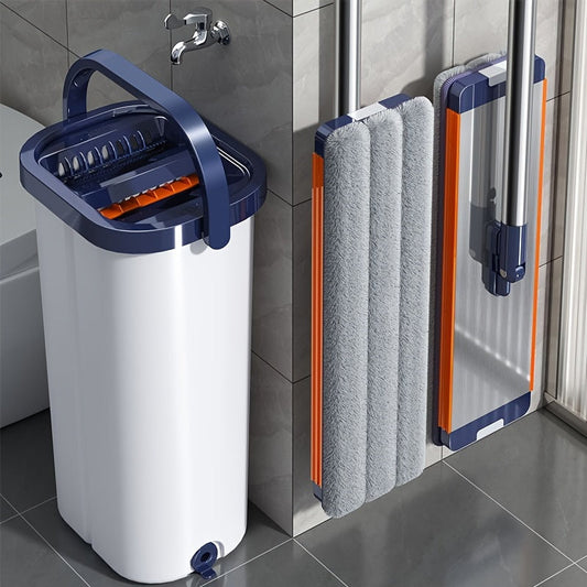 Introducing a compact and convenient cleaning set featuring a mop and bucket, perfect for all your household cleaning needs. This portable set is designed to save space and includes a stable bucket that won't tip over. The mop has an ergonomic handle and