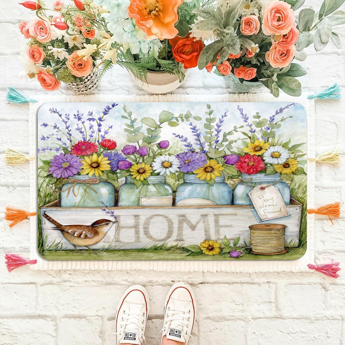 Spring Floral and Bird Design Home Door Mat, Perfect for Easter and Valentine's Day, Anti-Fatigue Kitchen Decor, Machine Washable, Stain Resistant, Non-Slip, Made of Polyester, 1 Piece, Rectangle Shape, 1.2cm Thick