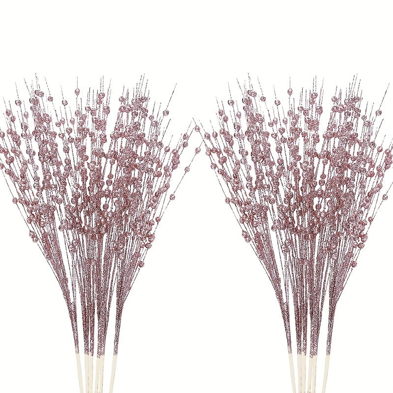 4 artificial glitter berry stem ornaments for Christmas tree or vase, 17 inches in rose gold.