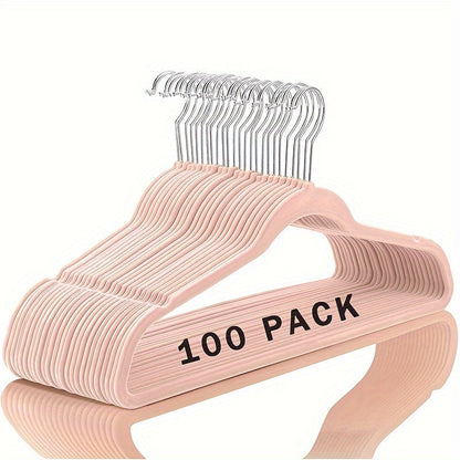 Set of 100 high-quality velvet hangers, measuring 44.96cm each. These non-slip flocked felt hangers are perfect for coats and suits, featuring a 360 degree swivel hook for convenience. Each hanger can hold up to 6.8 KG of weight.