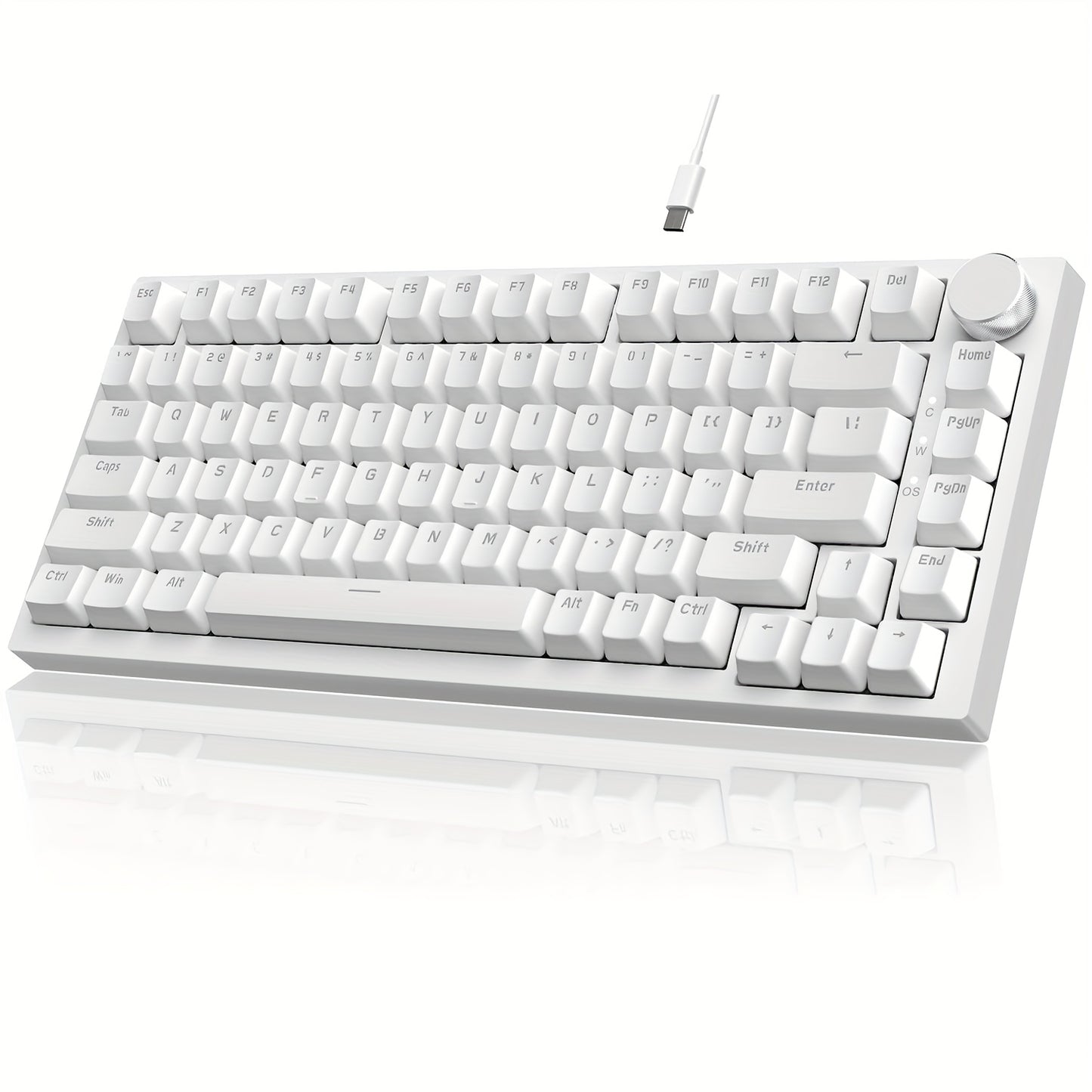 The AK820 is a 75% wired mechanical gaming keyboard with a knob, hot-swappable sockets, sound-absorbing foam, gaskets, 82 keys, white LED backlighting, NKRO red switches, and is compatible