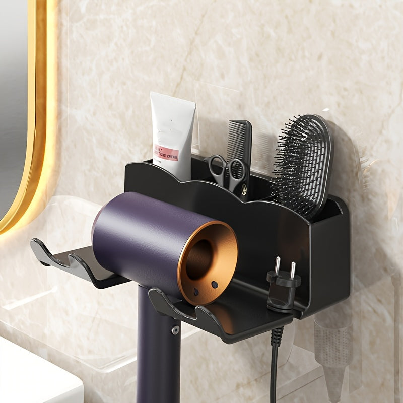 Wall-mounted hair dryer and phone holder with no-drill installation, stylish bathroom organizer.