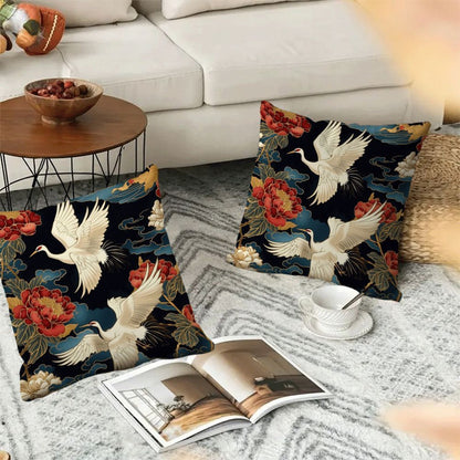 Elevate your home décor with this 2-pack of modern floral and cranes design short plush pillow covers, measuring 45.72x45.72 cm each. These zippered cushion cases are made from machine washable flannel fabric, perfect for all seasons. Add a touch of