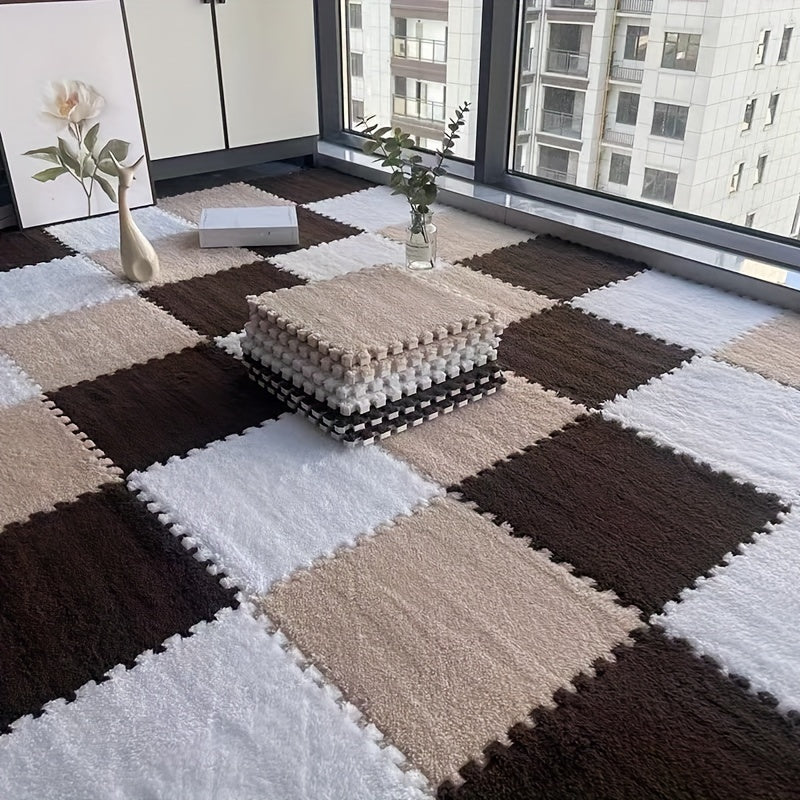 Thickened Plush Patchwork Carpet Set of 24 Pieces for Bedroom Wardrobe Living Room Floating Window Pet Mat, Rental Household Floor Mat that is Washable and Can Be Easily Cut to Fit