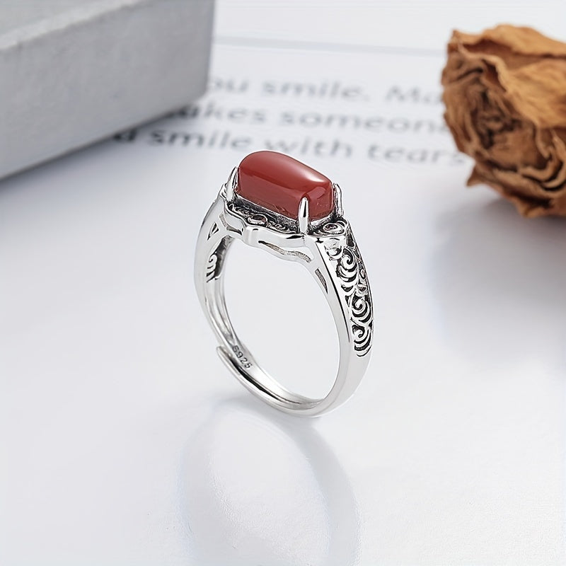 925 Silver Plated Vintage Boho Style Natural Agate Ring, Adjustable Open Ring with Tree Pattern Engraving. Elegant Court-inspired Design Perfect for Daily Wear and Gift-Giving.