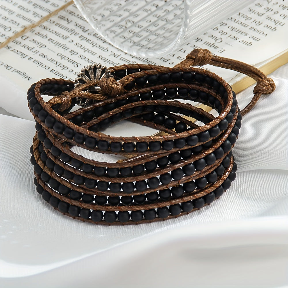 Women's Bracelet with a Bohemian Style, Waxed Cord Braid and Adjustable 5 Rows Wrap