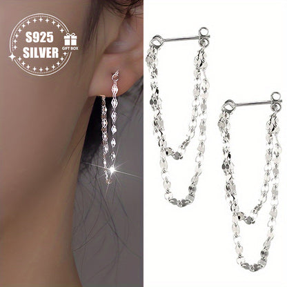 These stylish women's earrings are made of 925 silver and weigh approximately 0.7g in total. Featuring a unique double-layer lip chain tassel design, they can be worn on both the front and back. Hypoallergenic and fashionable, these earrings make a