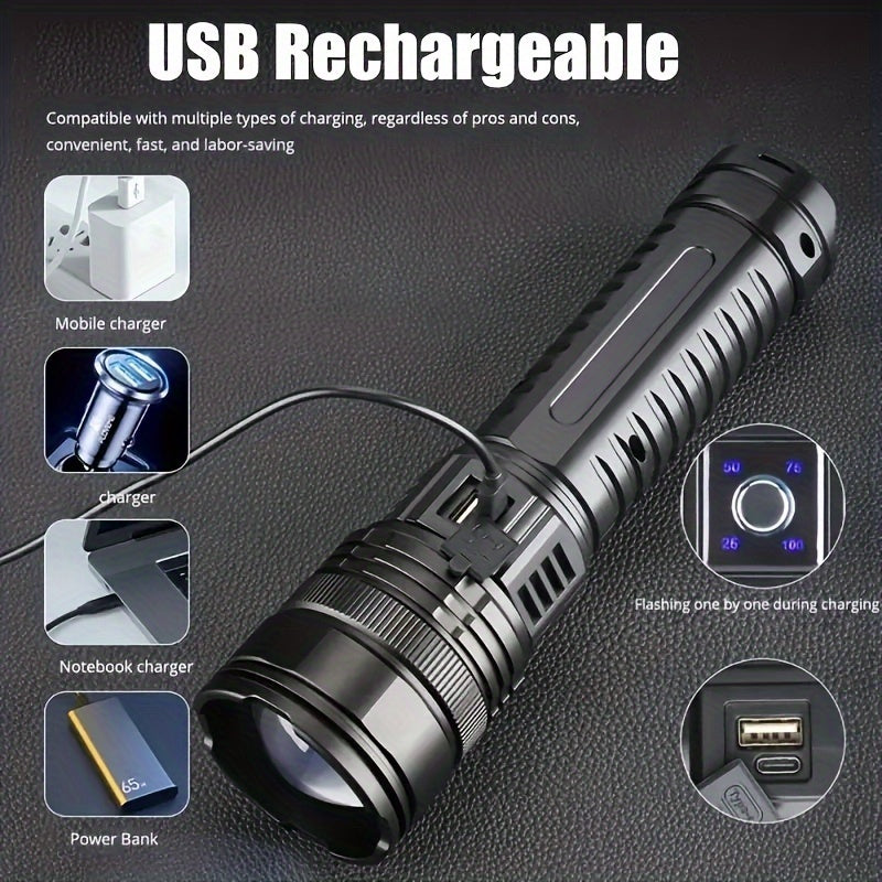 Rechargeable LED flashlight with built-in battery and COB tail light for indoor and outdoor use.